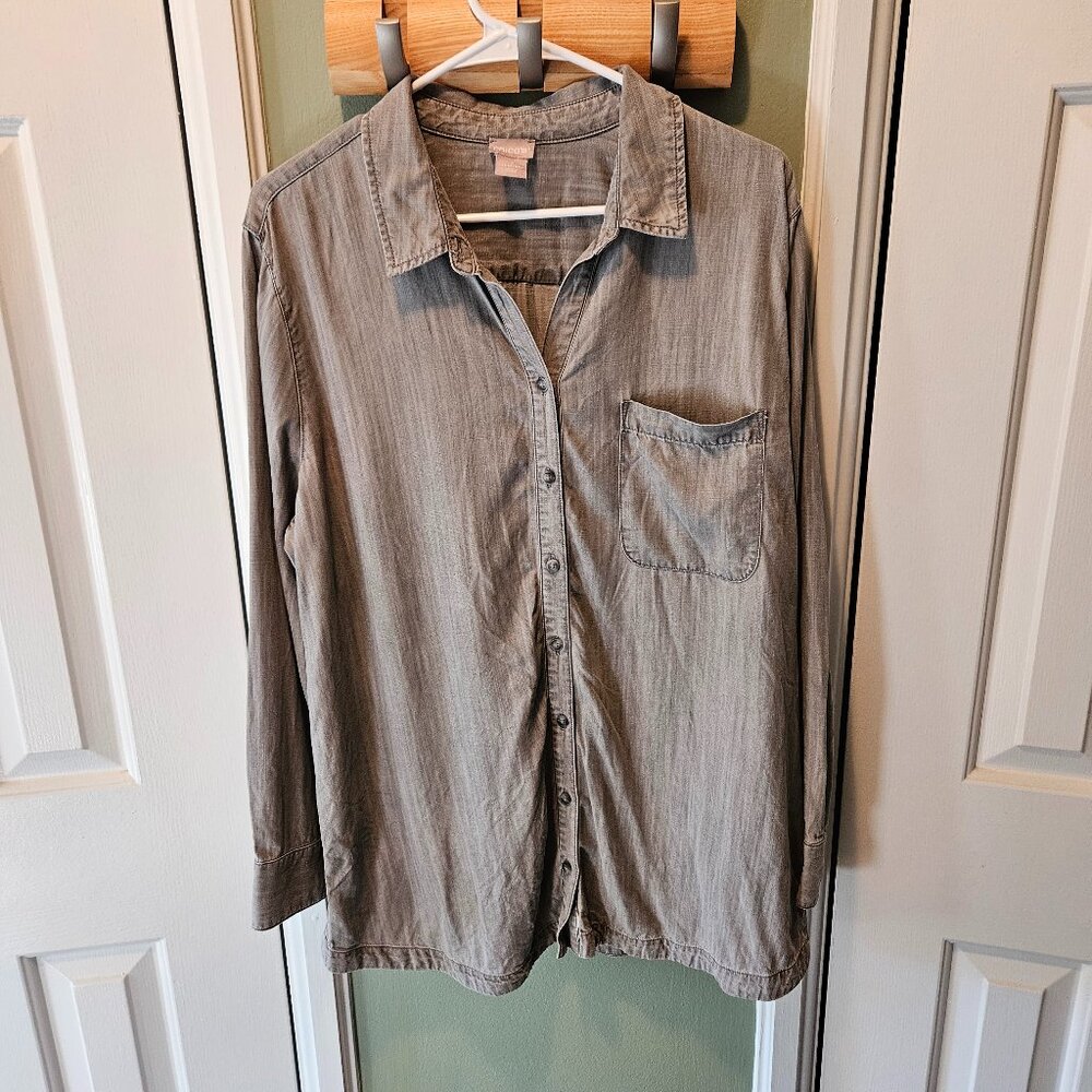 Chico's Lyocell Gray Button Front Shirt Tunic Blouse Size 3 or 16 / 18 XL Casual